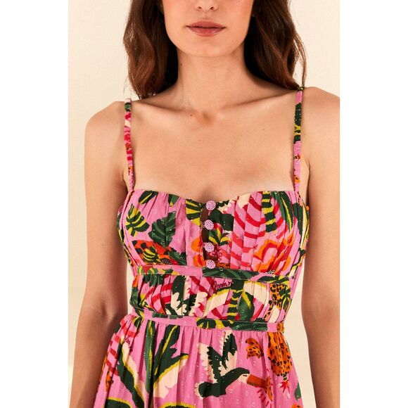 Farm Rio Pink Leopard Forest Midi Dress Medium NEW Flawed! - Picture 3 of 8